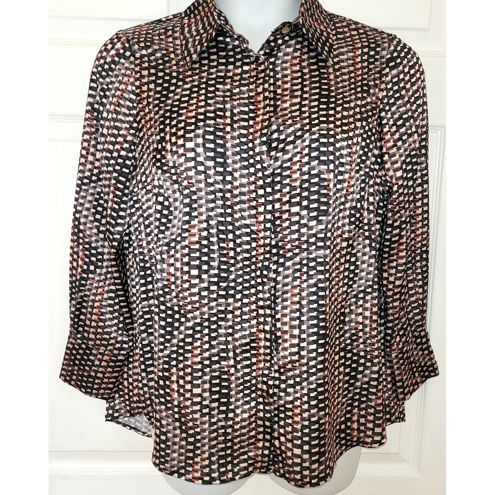 Estelle & Finn Womens Collared Long Sleeve Button Up Blouse Top Brown/Tan‎ Geo